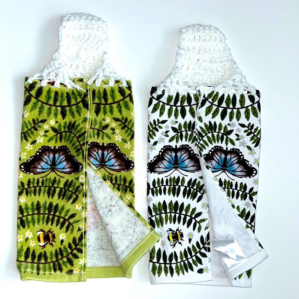 HAND CRAFTED Crocheted Top Butterflies Hanging Kitchen or Bathroom Hand Towels - Picture 9 of 9